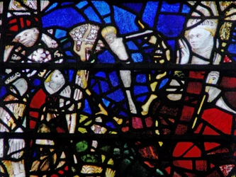 Fönster w6 som visar St Chad ser en hjort med den korsfäste Kristus mellan sina horn