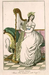 Kvinna i en Paris-klänning och en stråhatt trimmad med crepe som spelar harpan, illustration från 