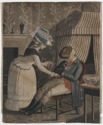Kvinna som stjäl en strumpväska och fickur från en sovande man, ca 1790 (handfärgad mezzotint)