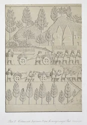 Arbetare med redskap och rep för att flytta en bevingad tjur, skylt 17 från Nineveh and its Remains av Austen Henry Layard (1817-94) publicerad 1849