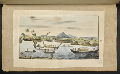 f.75 (skylt 86) Flodscen på Java med båtar, inklusive en drakhuvudbåt