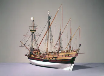 Riggad modell av en portugisisk karavel från ca 1535 (trä) (se även 3236)