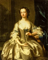 Porträtt av Mary Rand vid en draperad gardin (olja på duk)
