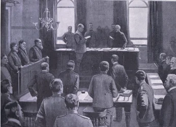 En rättegång för förräderi i Bloemfontein, från After Pretoria: The Guerilla War publicerad av Harmsworth Bros Limited, 1901