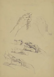 Six Studies of Hands, ca 1870-90 (grafit och krita på brunt vävt papper)