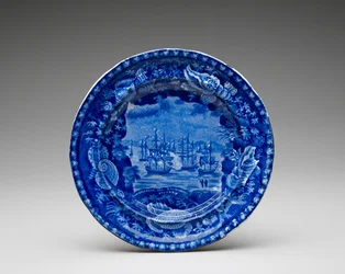 Tallrik, c. 1818-1846 (blyglaserat lergods med transfertryck)
