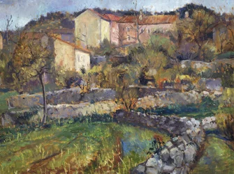 Stad i Karst, av Enrico Fonda (1892-1929), olja på kartong, 69x89 cm. Italien, 1900-talet.