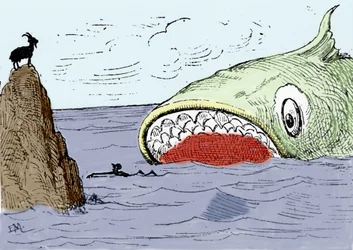 Illustration till sagan ”Pinocchio” av Carlo Collodi. En enorm fisk är på väg att äta Pinocchio. Illustration av Enrico Mazzanti (1852-1910) för 1883 års utgåva.
