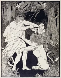 Teckning av Samson kämpande mot ett lejon (gravyr)
