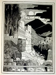 Ruinerna av Sodom, från boken Juda illustrerad av Ephraim Moses Lilien (1874-1925). Lilian anses vara fadern till den sionistiska ikonografin, skapad i Jugendstil (tysk art nouveau) stil. Han illustrerade 