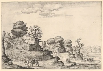 Landskap med bondebostäder och en man som leder en häst i vänster förgrund, från en ..., 1638.