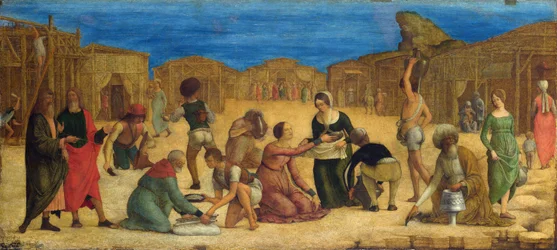 ""The Gathering of Manna in the Sinai Desert"" - Av Ercole Roberti (Ercole Ferrarese) (ca 1450-1496) Israeliterna samlar Manna Tempera på duk 1490-talets National Gallery, London 28,9x63,5