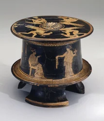 Red-figure pyxis, Attic, c.430 BC (earthenware)