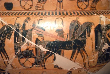 Detalj av Zeus och Hera i en vagn med Kaliope från Francois-vasen, c600-talet f.Kr.