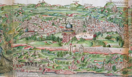 Karta över staden Jerusalem, från "Pilgrimsfärd i det heliga landet" av Bernhard von Breydenbach (1440-97)