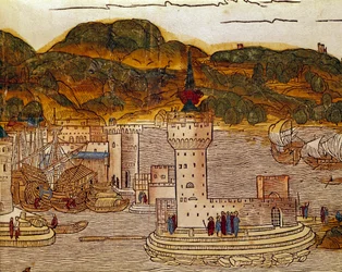 Utsikt över hamnen i Candie (dagens Heraklion) på Kreta Sida från Resornas bok "" Peregrinatio in Terram Sanctam""" efter pilgrimsfärden i Bernard de Breydenbachs heliga land (Breidenbach) (1454-1497) gravyrer av Erhard Re