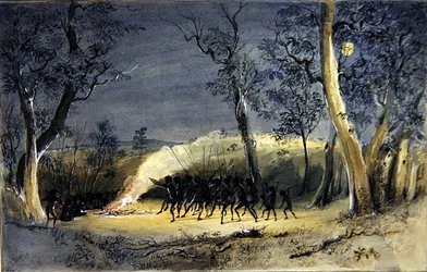 A Native Corroboree at Night (penna, akvarell och gummi arabicum på papper)