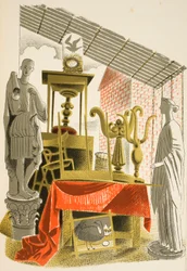 Antikaffär, illustration från "High Street" av J.M. Richards, tryckt av Curwen Press, pub. av Country Life, 1938