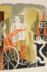 Brandingenjör, illustration från "High Street" av J.M. Richards, tryckt av Curwen Press, publicerad av Country Life, 1938.