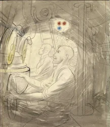 Dykkontrollrummet på en ubåt. Pennserie av Eric Ravilious (1903-1942), ombord på en ubåt under andra världskriget (1939-1945)
