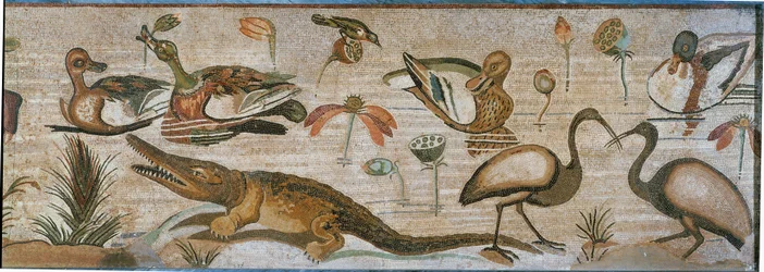 Vattenlevande djur. Del av ett mosaikband från Pompeji, Italien
