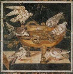 Fåglar som dricker ur en skål. Mosaik från Pompeji, Italien