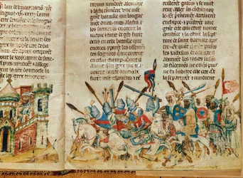 Kavallerister under befäl av den bysantinske kejsaren Heraklius, ca 1350-1350 (illumination på pergament)