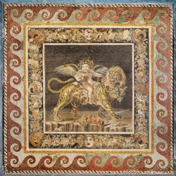 Dionysos som barn, på ryggen av en tiger, en krans med blad och teatermasker