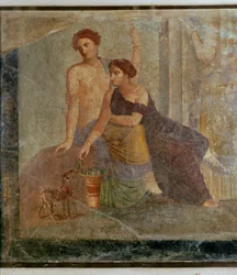 Fragment av en väggmålning från Pompeji: mystisk scen ...