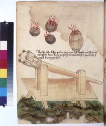 Hel sida: kanon, kanonkulor och kruttunna, med inskription, ca 1430 (kolorerad pennteckning)