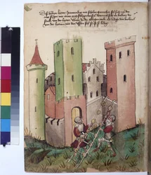 Hel sida: slott och bruksanvisning för stege med hjulförsedda steg, ca 1430 (teckning med färgpenna)