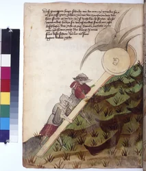 Hel sida: vagn med beväpnat järnhuvud skjutsad av två soldater i rustning, ca 1430 (kolorerad pennteckning)