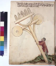 Hel sida: vagn med sågblad framtill, ca 1430 (kolorerad pennteckning)