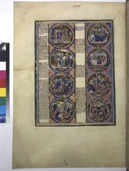 Hel sida: åtta medaljonger som omsluter miniatyrer och åtföljs av förklarande text, ca 1225-1250 (tempera på pergament)