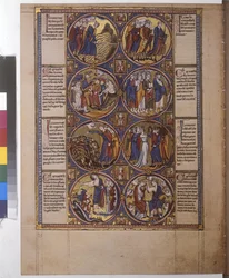 Hel sida: åtta medaljonger med miniatyrer, Aarons syster dansar med en timbel i handen), ca 1225-1250 (temperamålning)