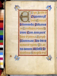 Hel sida: inramad text med sammanflätad initial "E": Kolofon för skrivaren och illuminatören Johann von Troppau