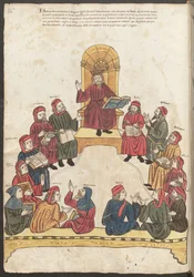 Hela sidan: miniatyr: Avicenna och läkarna i diskussion (miniatyr)