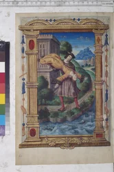 Hel sida: miniatyr omsluten av en arkitektonisk ram: en yngling kastar en kvinna i havet, ca 1504-1507 (temperamålning)
