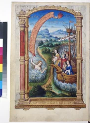 Hel sida: miniatyr omsluten av en arkitektonisk ram: två skepp med Margareta av Österrike och andra figurer i ett vidsträckt landskap, ca 1504 (temperamålning)