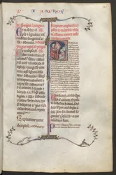 Hel sida: text och historiserad initial: sittande till vänster är kommentatorn Constantinus Africanus från Montecassino