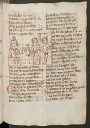 Helsida: text med kolorerad pennteckning: Judas inför översteprästen: till höger, Judas vid galgen (teckning i färgpenna)