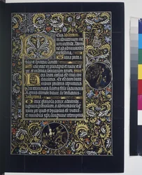 Hel sida: text med initialer, med medaljonger i rankornamentens bårder, tredje kvartalet av 1400-talet