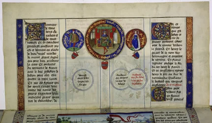Helsida: text med initialer och tre medaljonger: Godfrey av Bouillon