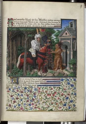 Helsida: text med målad initial, inramad miniatyr och bård (miniatyr)