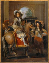 Adelsman till häst med sitt följe framför en jättelik port - Gentilhomme à cheval et carrosse devant une porte monumentale ...