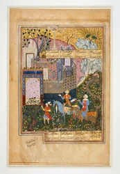 Khosrau I och hans vizir framför ruinerna: sida av ett manuskript av The Storehouse of Mysteries - den första av de fem dikterna från Nezamis Khamsa ...