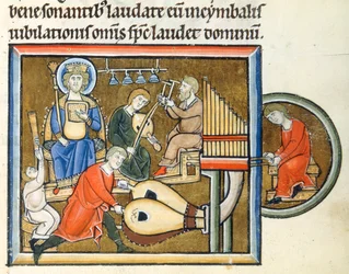Kung David spelar psaltare ackompanjerad av tuba, orgel och cymbalspelare