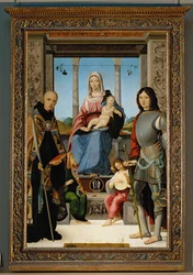 Madonna med helgon Benedictus av Nurcia, helgon Quentin och två änglar ...