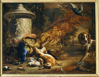 Stilleben med påfågel och hund …