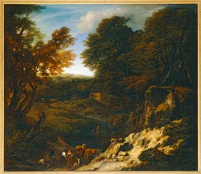 Landskap med herde och hjordar vid en damm - Paysage avec bergers et troupeaux au bord d